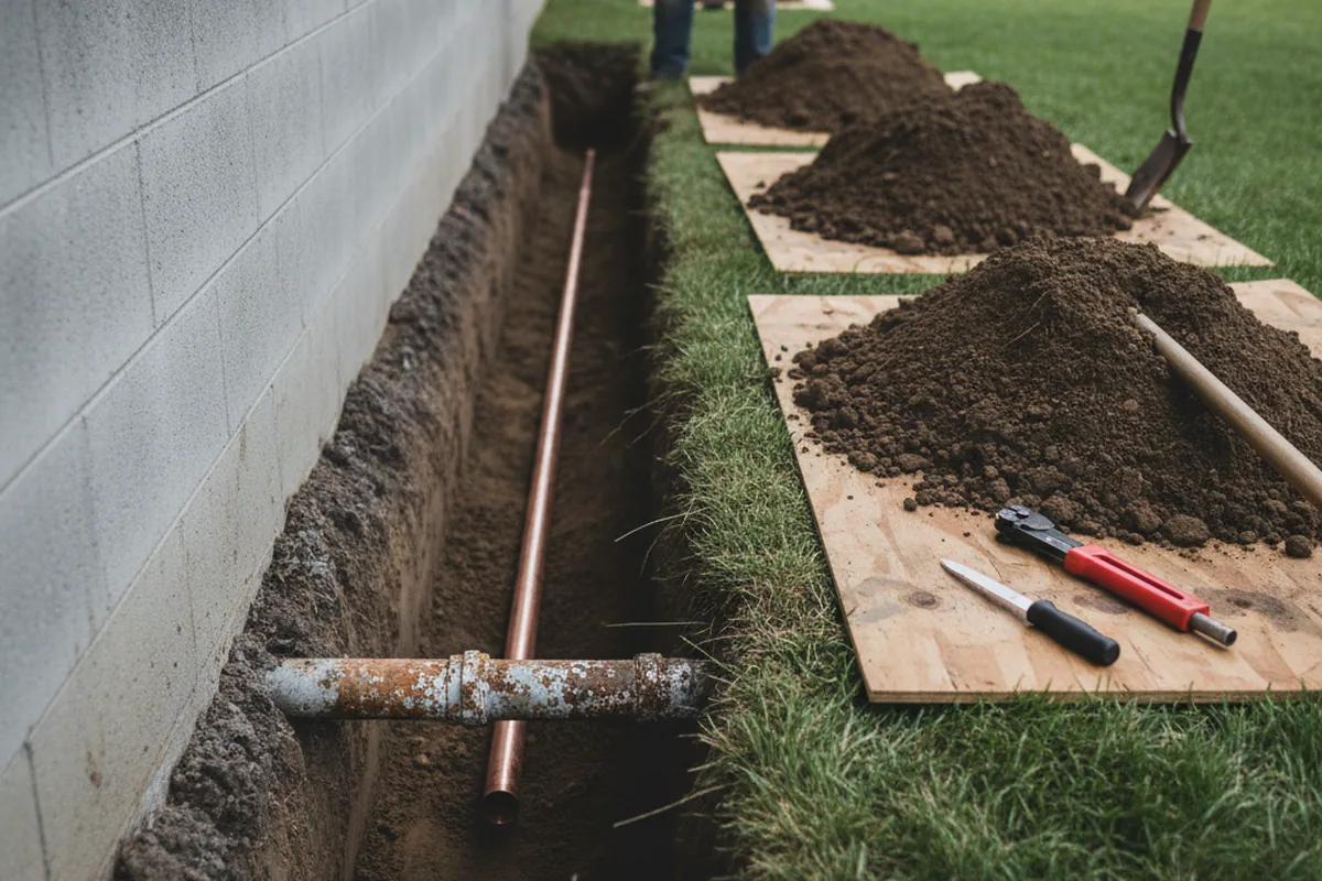 Excavated water line trench during Sewer Line Repair in Vernal